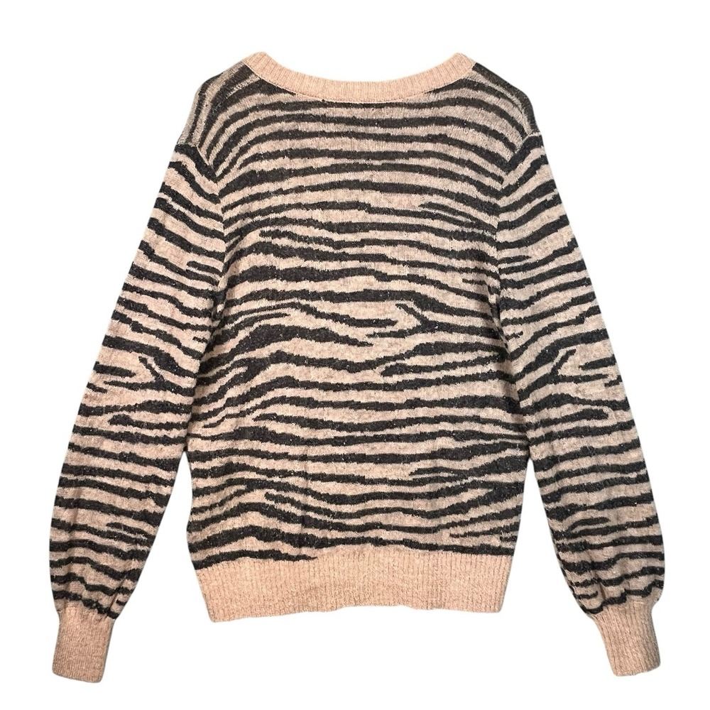 Joie Inira Tiger Stripe Tan Metallic Alpaca Blend Animal Print V Neck Sweater  L - Picture 2 of 4